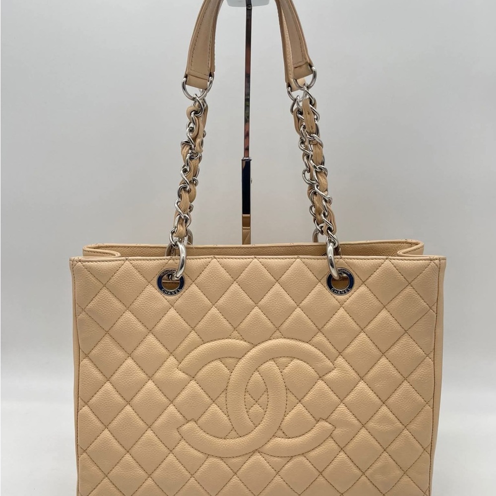 CHANEL  GST  Caviar Leather Tan Quilted Tote with Chain Straps